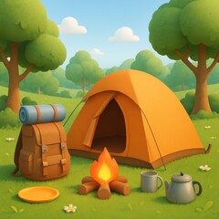 Whimsical Cartoon Camping Scene with Tent, Backpack, and Cozy Fire Under Blue Sky