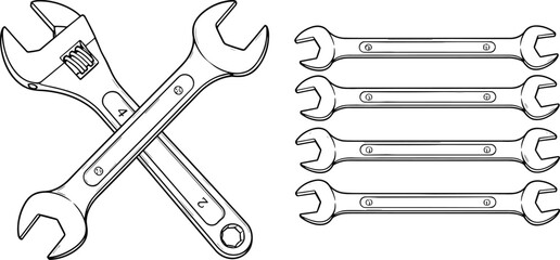 Mechanical tools illustration, wrench drawing, repair equipment sketch, hand tools artwork, industrial line art, engineering tools, vintage wrench design, black and white