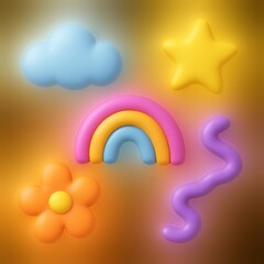 Playful Pastel Paradise: 3D Rendered Cartoon Shapes Floating in Golden Light