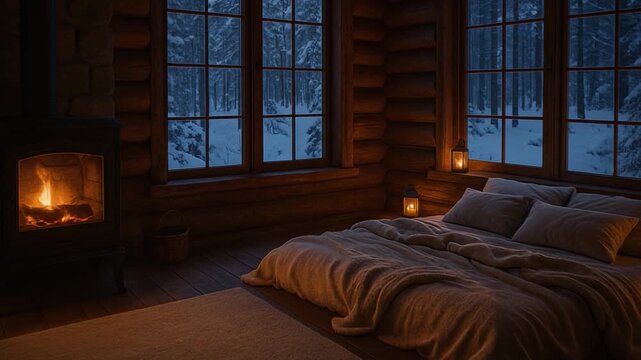 A cozy winter cabin bedroom with a warm fireplace, soft candlelight, and snowy forest views through large windows, creating a peaceful and intimate nighttime retreat.