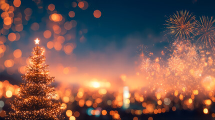 夜空に輝く花火と美しいイルミネーションのクリスマスツリーの幻想的な背景