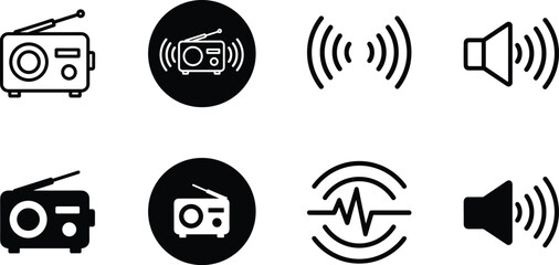 Radio, sound, speaker, audio, broadcast, communication, signal, wave, icon, technology, media, transmission, receiver, antenna, frequency, volume, stereo, podcast, wireless, equipment
