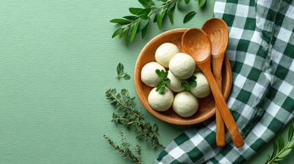 Steamed Dumplings in Wooden Bowl with Green Herbs on Pastel Background