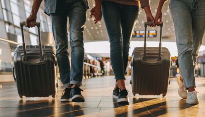 Three people walking with luggage in an airport terminal. © rifqi