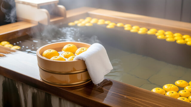 湯気の立つ日本の温泉で木製の浴槽に浮かぶ柚子と手前の桶に入った果実とタオル