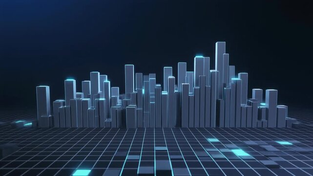 Abstract data blocks floating in a grid, rearranging into clean vertical columns, forming a futuristic cityscape, 3D rendered illustration