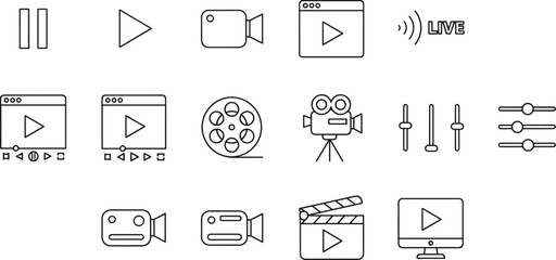 Video, media, playback, broadcasting, icons, blue, outline, digital, content, creation, streaming, production, film, camera, web, interface, live, control, clapperboard, monitor