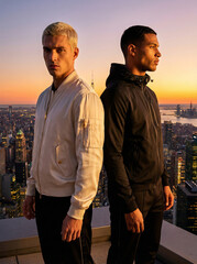 Two stylish young men stand back-to-back on a skyscraper rooftop, posing against a stunning city skyline during a golden hour sunset.