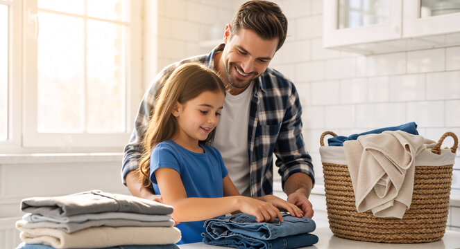 Smiling dad and daughter folding clean clothes together in the laundry room. Father teaching child household chores. Family life and parenting concept