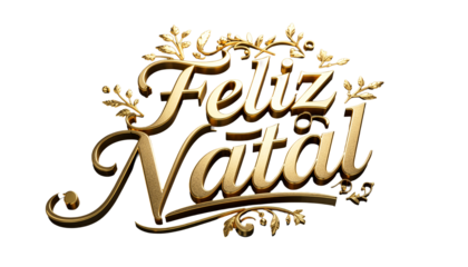 Elegant 3D rendering of 'Feliz Natal' (Merry Christmas in Portuguese) in golden calligraphy with ornate flourishes. Festive holiday greeting isolated on a transparent background for easy design.