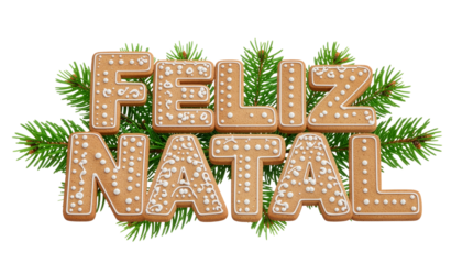 Feliz Natal text in Portuguese made from gingerbread cookies decorated with white icing. Christmas greeting with fir branches. 3D render isolated illustration with a transparent background.