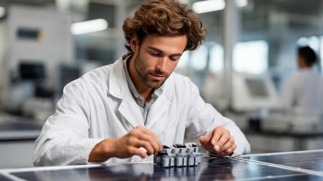 A focused engineer in a laboratory setting meticulously works on a mechanical component, showcasing precision and attention to detail in innovative technology development.