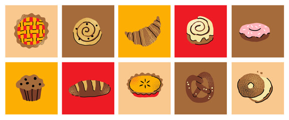 A charming collection of bakery and baking illustrations. This set features creative elements like a baker at work, fresh bread, and sweet treats, perfect for a cozy, handmade feel