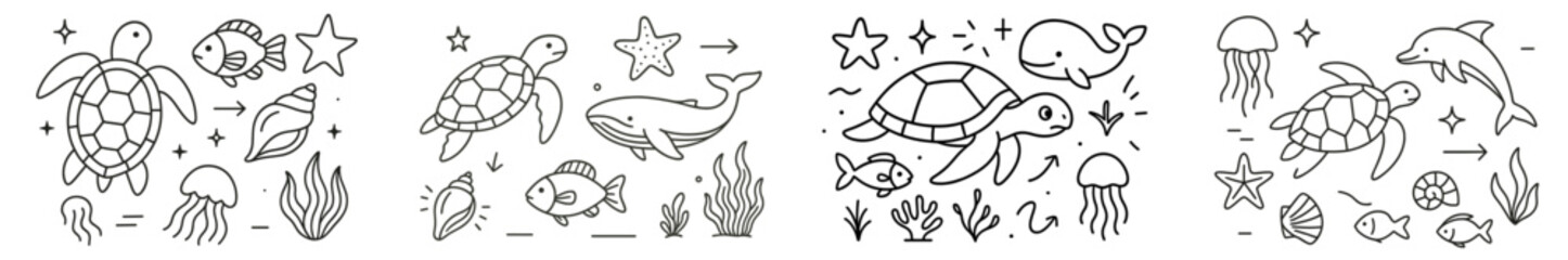 Hand-drawn marine life illustrations featuring turtles, whales, dolphins, jellyfish, and fish in a simple design style