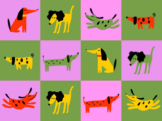 Cute dogs doodle vector set. Cartoon dog or puppy characters design collection with flat color in different poses.