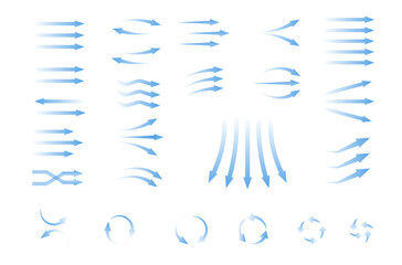 Air flow arrows. Blue cold wind stream, fresh water direction, filter and  conditioner system infographic transparent movement and rotation  elements. Vector arrow icons set
