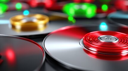 High density data storage disks spinning with reflective surfaces and lights creating dynamic atmosphere