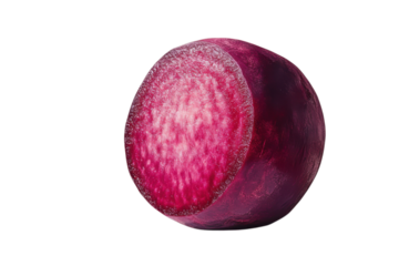 Close up of a vibrant purple beet root sliced in half revealing intense magenta flesh against on transparent background