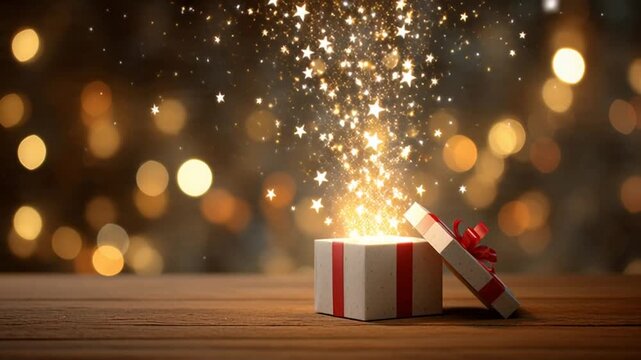 A white gift box with red stripes and bow on a wooden surface with sparkling lights.