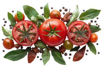 Fresh ripe tomatoes sliced and seasoned with black peppercorns bay leaves and basil for cooking on transparent background