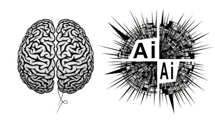 Human brain versus artificial intelligence concept illustration, symbolizing technology's impact