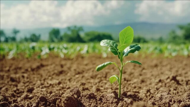 A young plant sprouting up from the soil in a field.