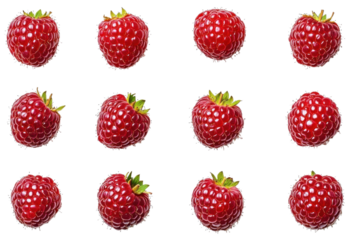 Twelve vibrant red raspberries arranged in a grid pattern on a stark for design on transparent background