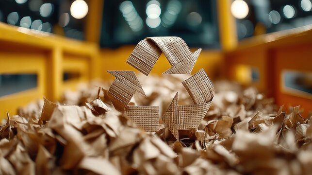 Recyclable packaging symbol surrounded by shredded paper in warehouse setting, emphasizing sustainability and eco friendliness - Powered by Adobe