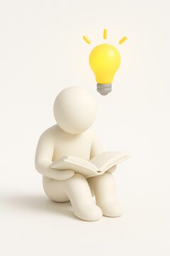 3D Character Reading Book with Light Bulb Idea Concept