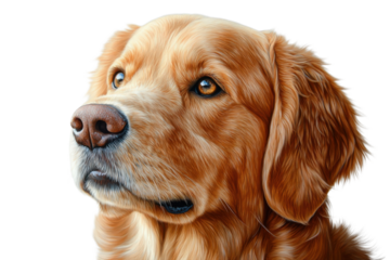 Detailed close up portrait of a beautiful golden retriever dog with rich amber eyes against a on transparent background
