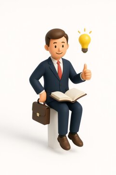 3D Businessman with Light Bulb Idea and Thumbs Up Concept on White Background