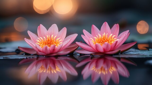 Two pink water lilies reflect serenely in still water, bathed in warm light