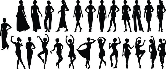 Elegant female silhouettes featuring fashion poses, graceful movements, stylish dresses and expressive body gestures for modeling, lifestyle and creative vector illustration design