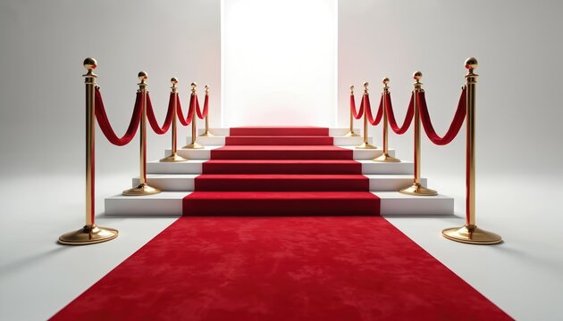 Red carpet leads to light door on stairs. VIP zone with gold stanchions and rope barrier for award ceremony. Luxury entrance invites to success destination event.