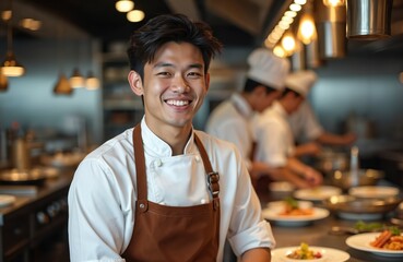 Fototapeta premium Young Asian chef smiles in modern restaurant kitchen. Wears white uniform, brown apron. Cooks prepare delicious meals on plates in background. Dedicated culinary staff works at fine dining
