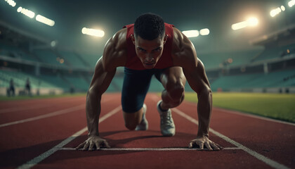 Young male runner in red top prepares for sprint race at night. Athlete crouches on starting line of red track under bright stadium lights. Shows intense focus, raw power. Body ready to compete,