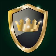 Golden shield, coat of arms on a dark background, with diamonds and a crown. Vector drawing. golden shield icon on a dark background