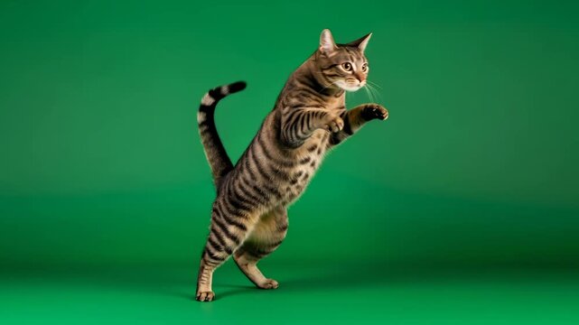 Tabby cat jumping sequence on green background for chroma key compositing. Animal movement for video effect.