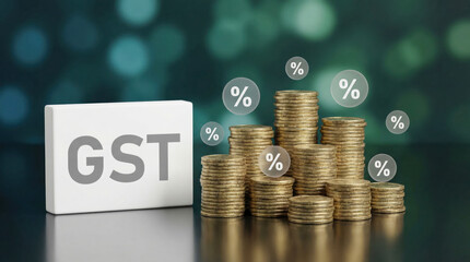 GST- Goods and Services Tax concept with stacked coins and percentage symbols, representing financial implications and taxation in a modern economic environment