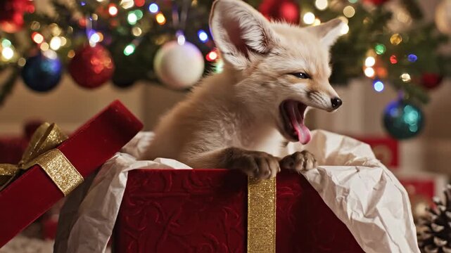 A playful young fennec fox yawns while sitting in a crimson Christmas gift box with gold ribbon, surrounded by festive decorations and another gift box in the background, conveying a joyful