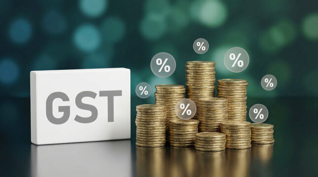 GST- Goods and Services Tax concept with stacked coins and percentage symbols, representing financial implications and taxation in a modern economic environment