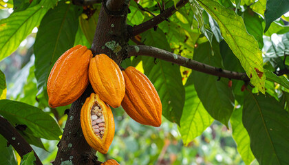Yellow-orange cocoa pods on a tree branch, one pod split open cacao fruit