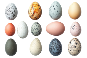 Collection of twelve diverse bird eggs featuring various colors speckles and unique shell patterns on black on transparent background