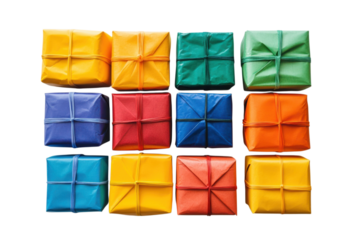 Twelve colorful wrapped presents stacked in three rows against a solid for holiday mailing or delivery on transparent background