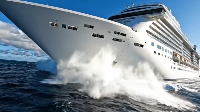 Luxury Cruise Ship Sailing Across Blue Ocean With Powerful Bow Waves And Clear Sky Day Travel Scenes