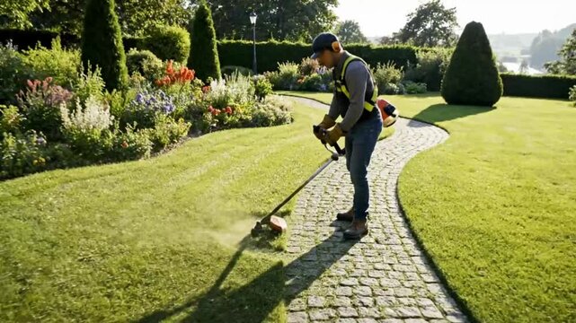 Professional Gardener Mowing Green Lawn In Beautiful Garden With Curved Path Sunny Morning Light Sun