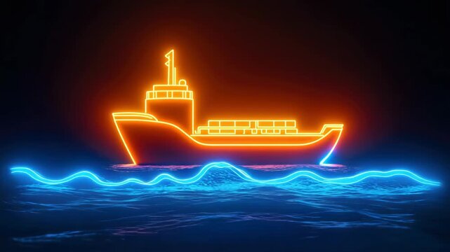 Neon lights glowing from a freighter on the ocean at night.
