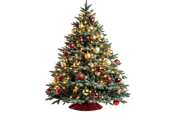 Beautifully decorated artificial christmas tree with warm lights and shiny red and gold ornaments on black on transparent background