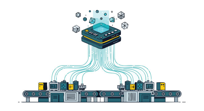 Modern digital data processing and analysis concept with abstract cubes and connected conveyor belts