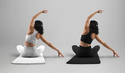 Mockup of white, black floor mat for yoga, sports suit on woman in asana, back view. Set